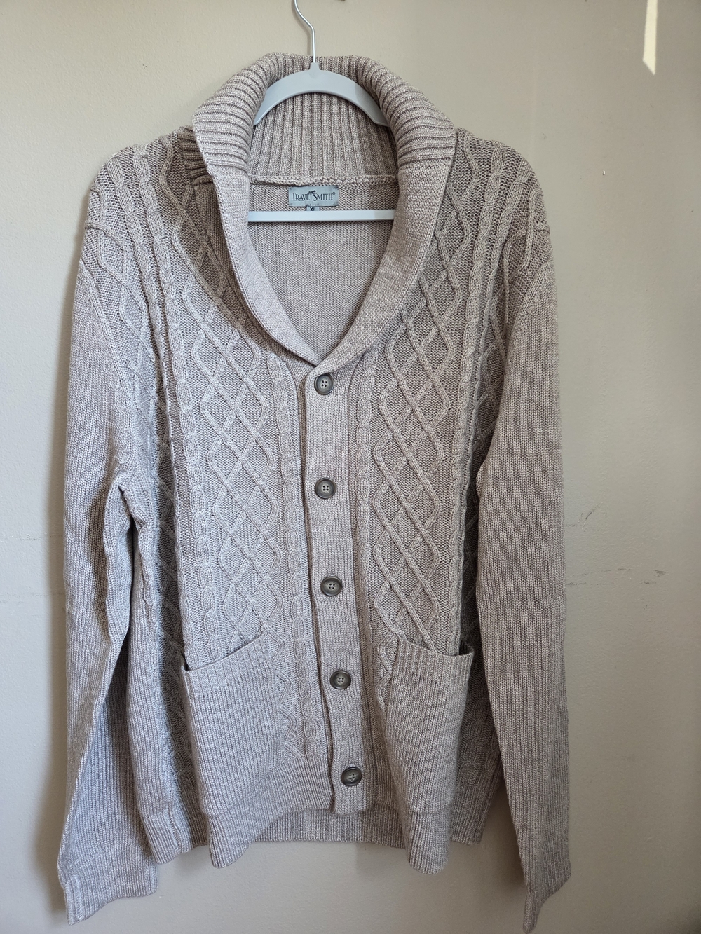 TravelSmith XL Merino Wool Cable Knit Shawl Collar Cardigan Sweater Beige